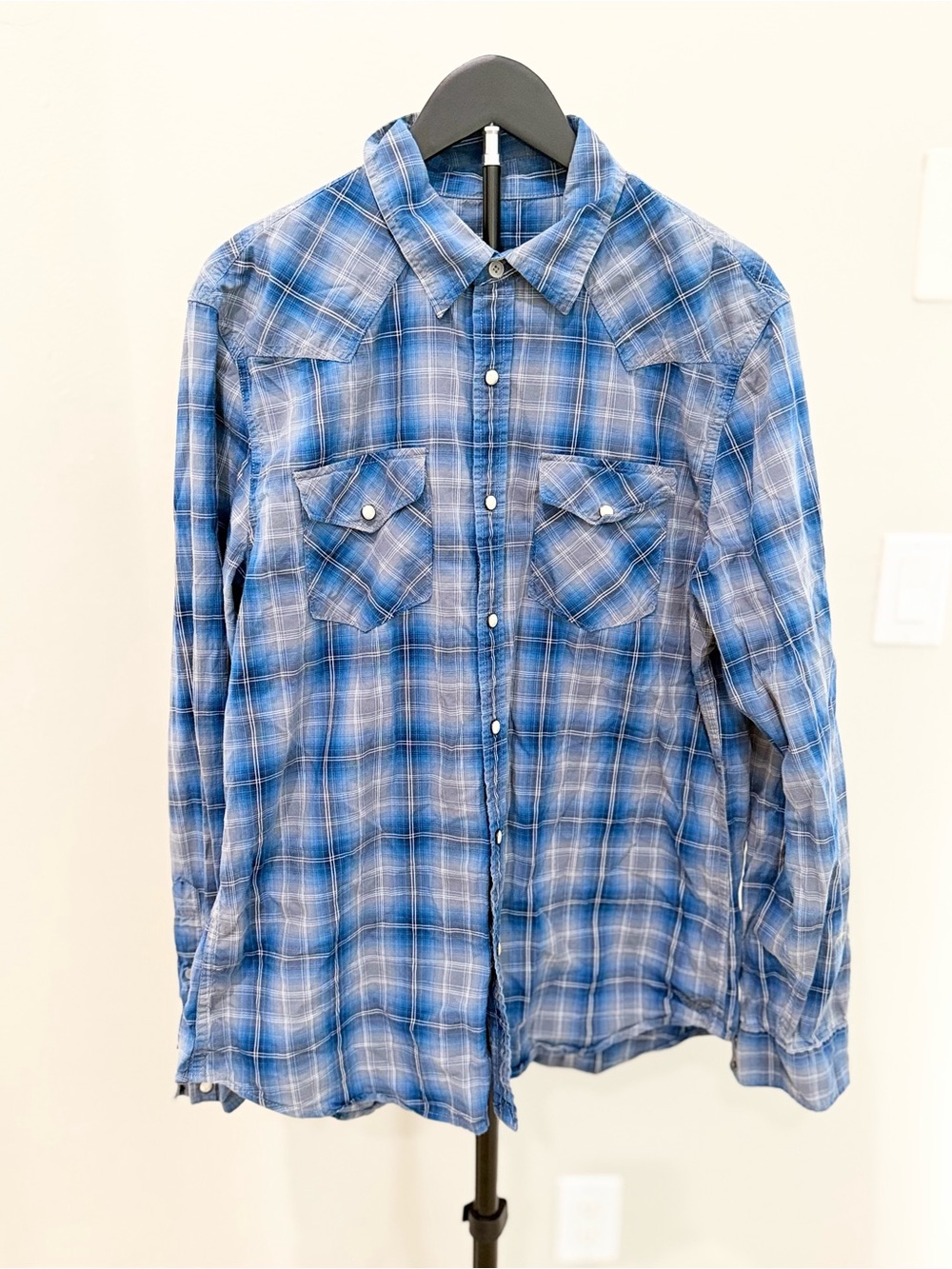American Eagle Vintage Fit Blue Plaid Western Pearl Snap Shirt Cowboy Rodeo Nash